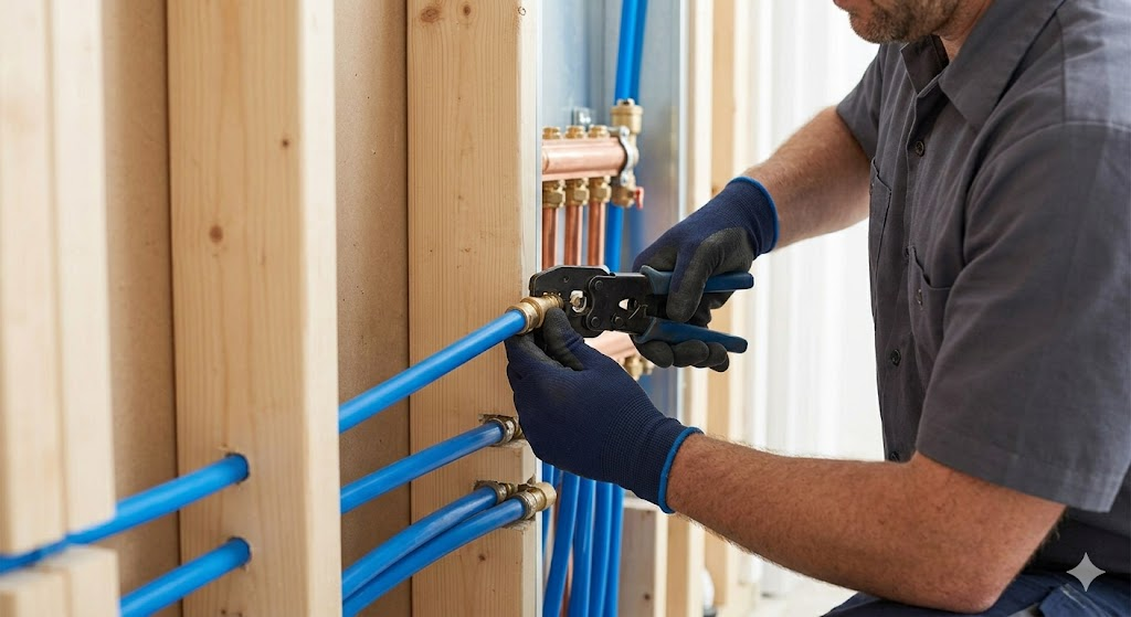 Plumber installing blue water pipes with precision